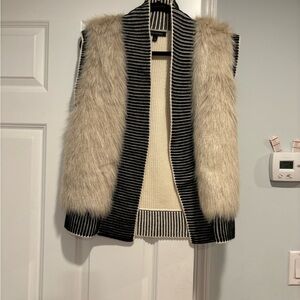 Banana Republic Black and Cream Striped Vest with Faux Fur